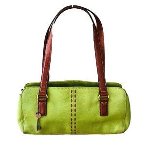 Fossil Purse/Satchel Zip Closure Leather Lime Green W/Brown Trim 12"x6"x3"
